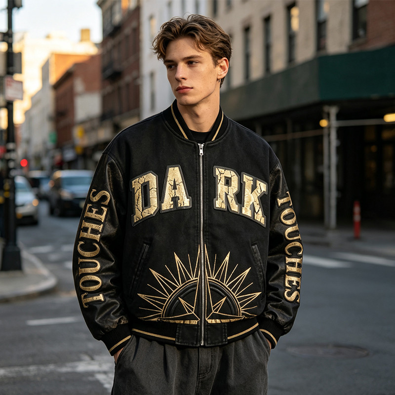 Washed Applique Screen Print Patchwork Varsity Jacket