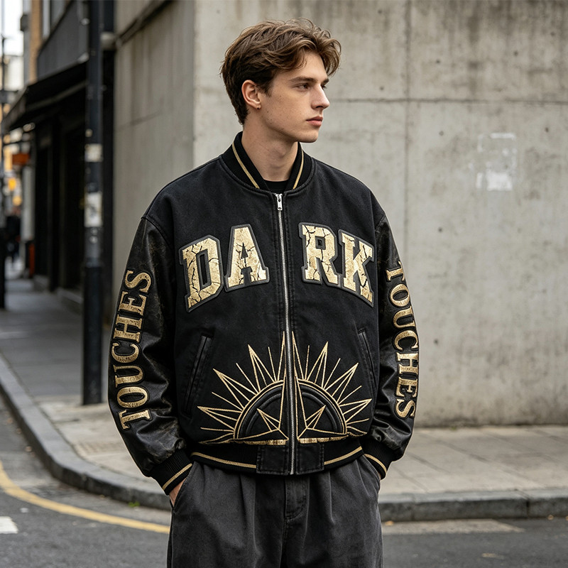 Washed Applique Screen Print Patchwork Varsity Jacket