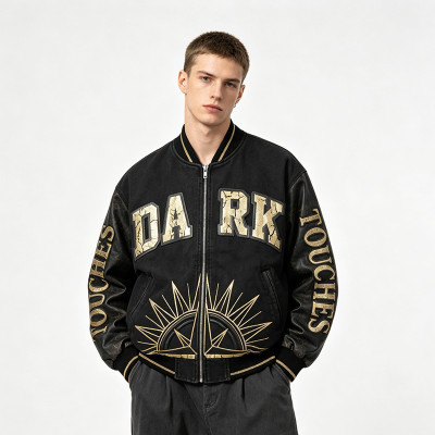 Washed Applique Screen Print Patchwork Varsity Jacket | PU Sleeve Color Block Crackle Gold Letter | OEM Streetwear