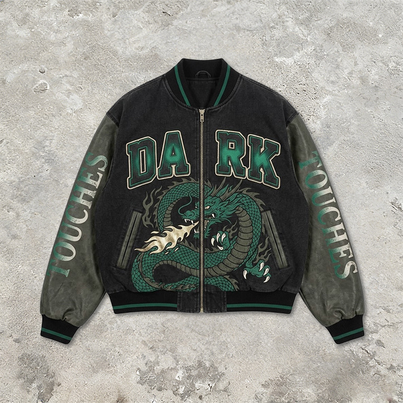 Washed Applique Patchwork Dragon Screen Print Varsity Jacket 