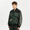 Washed Applique Patchwork Dragon Screen Print Varsity Jacket | Cotton Blend Zip Baseball Jacket | Custom Streetwear