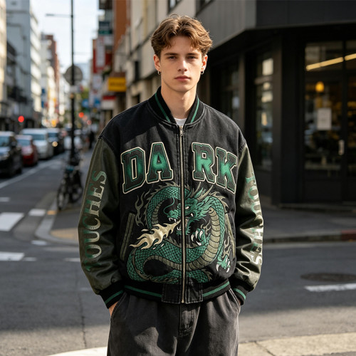 Washed Applique Patchwork Dragon Screen Print Varsity Jacket | Cotton Blend Zip Baseball Jacket | Custom Streetwear