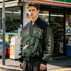 Washed Applique Patchwork Dragon Screen Print Varsity Jacket | Cotton Blend Zip Baseball Jacket | Custom Streetwear