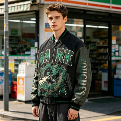 Washed Applique Patchwork Dragon Screen Print Varsity Jacket | Cotton Blend Zip Baseball Jacket | Custom Streetwear