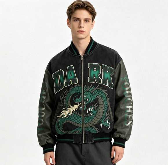 Washed Applique Patchwork Dragon Screen Print Varsity Jacket | Cotton Blend Zip Baseball Jacket | Custom Streetwear