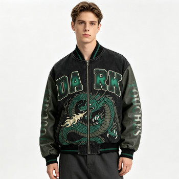 Washed Applique Patchwork Dragon Screen Print Varsity Jacket | Cotton Blend Zip Baseball Jacket | Custom Streetwear