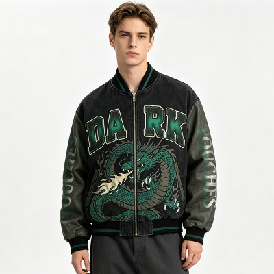 Washed Applique Patchwork Dragon Screen Print Varsity Jacket | Cotton Blend Zip Baseball Jacket | Custom Streetwear