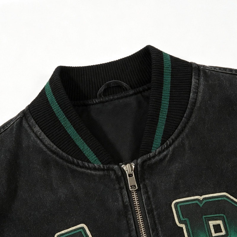 Washed Applique Patchwork Dragon Screen Print Varsity Jacket 