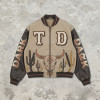Patchwork Screen Print Western Cow Skull Cactus Jacket | Washed Towel Embroidery Applique | OEM Streetwear