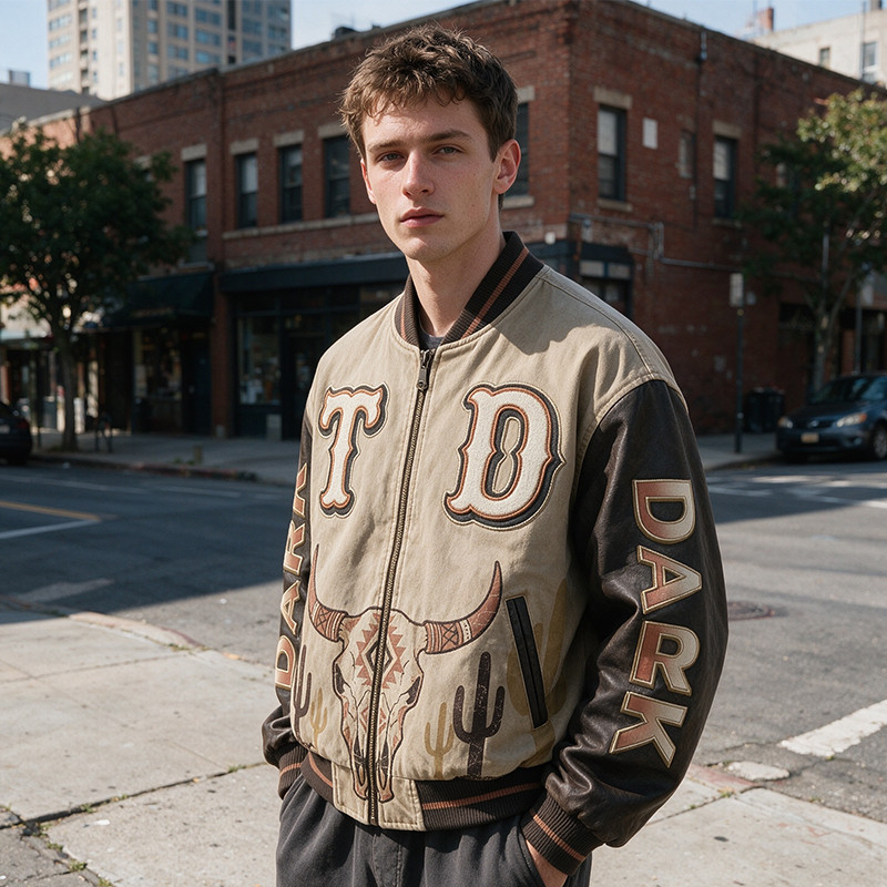 Patchwork Screen Print Western Cow Skull Cactus Jacket
