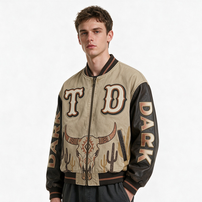 Patchwork Screen Print Western Cow Skull Cactus Jacket | Washed Towel Embroidery Applique | OEM Streetwear