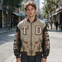 Patchwork Screen Print Western Cow Skull Cactus Jacket | Washed Towel Embroidery Applique | OEM Streetwear