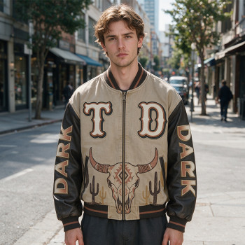 Patchwork Screen Print Western Cow Skull Cactus Jacket | Washed Towel Embroidery Applique | OEM Streetwear