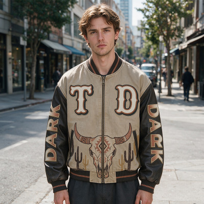 Patchwork Screen Print Western Cow Skull Cactus Jacket | Washed Towel Embroidery Applique | OEM Streetwear