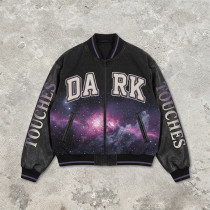Washed Towel Embroidery Applique DTG Print Patchwork Galaxy Varsity Jacket | Cotton Blend Zip Baseball Jacket | Clothing Manufacturer