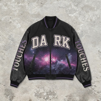 Washed Towel Embroidery Applique DTG Print Patchwork Galaxy Varsity Jacket | Cotton Blend Zip Baseball Jacket | Clothing Manufacturer