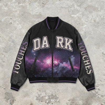 Washed Towel Embroidery Applique DTG Print Patchwork Galaxy Varsity Jacket | Cotton Blend Zip Baseball Jacket | Clothing Manufacturer