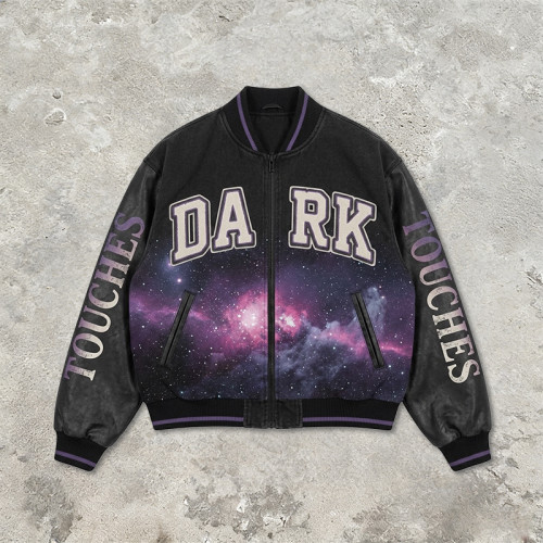 Washed Towel Embroidery Applique DTG Print Patchwork Galaxy Varsity Jacket | Cotton Blend Zip Baseball Jacket | Clothing Manufacturer