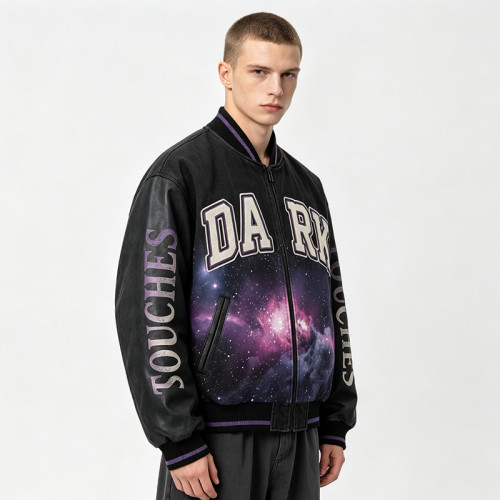 Washed Towel Embroidery Applique DTG Print Patchwork Galaxy Varsity Jacket | Cotton Blend Zip Baseball Jacket | Clothing Manufacturer