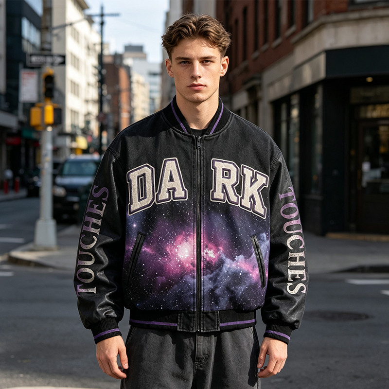 Washed Towel Embroidery Applique DTG Print Patchwork Galaxy Varsity Jacket