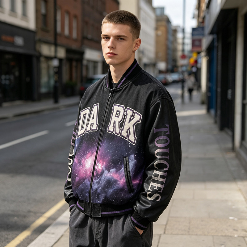 Washed Towel Embroidery Applique DTG Print Patchwork Galaxy Varsity Jacket