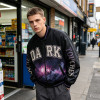 Washed Towel Embroidery Applique DTG Print Patchwork Galaxy Varsity Jacket | Cotton Blend Zip Baseball Jacket | Clothing Manufacturer