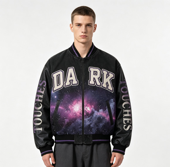 Washed Towel Embroidery Applique DTG Print Patchwork Galaxy Varsity Jacket | Cotton Blend Zip Baseball Jacket | Clothing Manufacturer