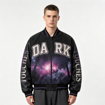 Washed Towel Embroidery Applique DTG Print Patchwork Galaxy Varsity Jacket | Cotton Blend Zip Baseball Jacket | Clothing Manufacturer