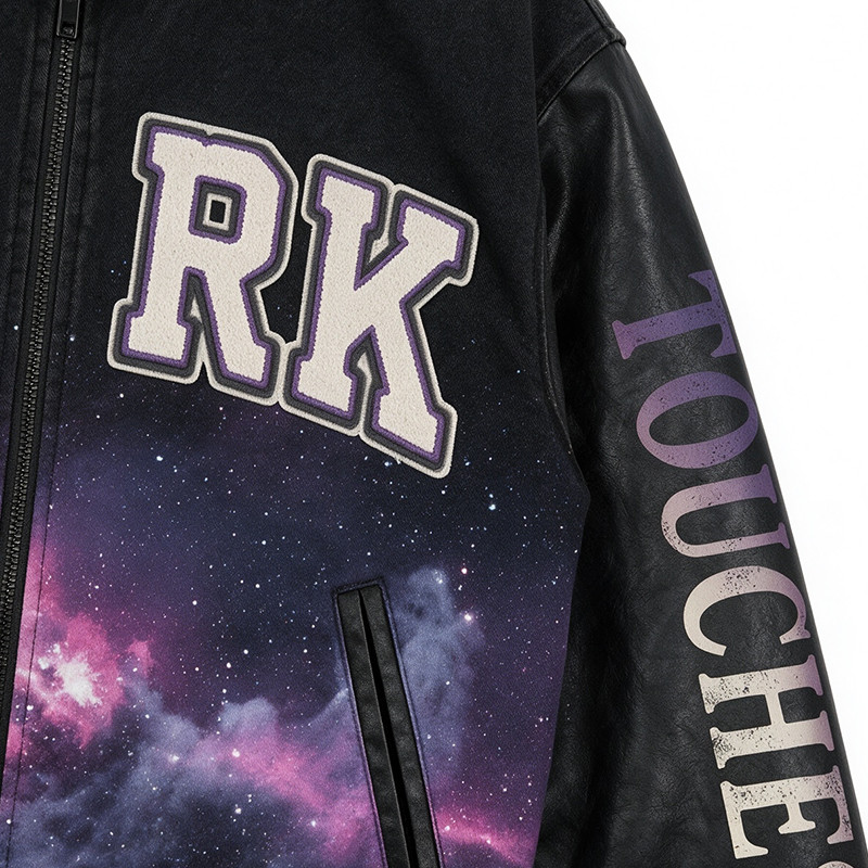 Washed Towel Embroidery Applique DTG Print Patchwork Galaxy Varsity Jacket