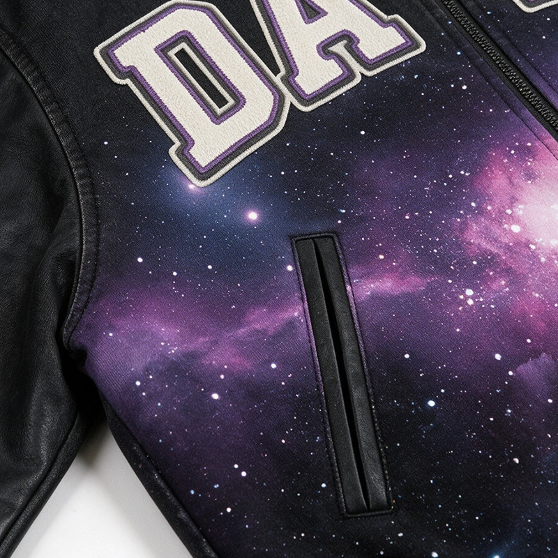 Washed Towel Embroidery Applique DTG Print Patchwork Galaxy Varsity Jacket