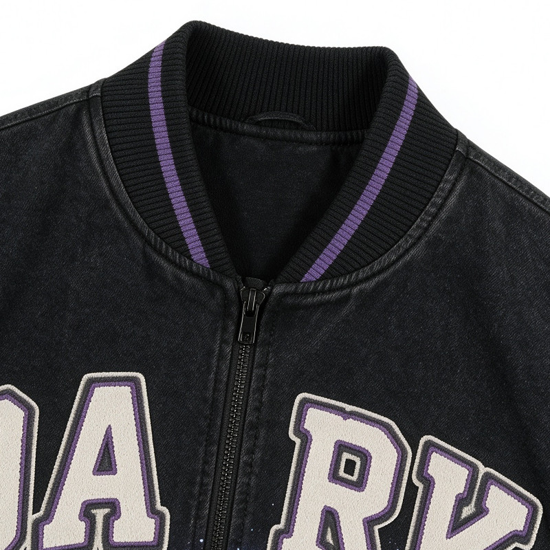 Washed Towel Embroidery Applique DTG Print Patchwork Galaxy Varsity Jacket
