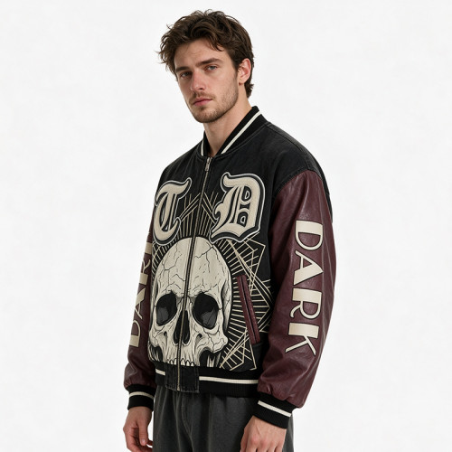 Applique Washed Patchwork Towel Embroidery Varsity Jacket | Screen Print Gothic Vintage Streetwear | OEM Streetwear