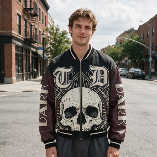Applique Washed Patchwork Towel Embroidery Varsity Jacket | Screen Print Gothic Vintage Streetwear | OEM Streetwear