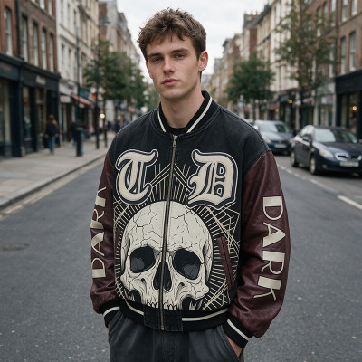 Applique Washed Patchwork Towel Embroidery Varsity Jacket | Screen Print Gothic Vintage Streetwear | OEM Streetwear