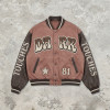 Washed Towel Embroidery Applique Screen Print Patchwork Varsity Jacket | PU Sleeve Distressed Letter Star Rib Trim | OEM Streetwear