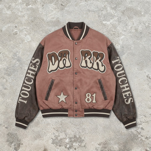 Washed Towel Embroidery Applique Screen Print Patchwork Varsity Jacket | PU Sleeve Distressed Letter Star Rib Trim | OEM Streetwear