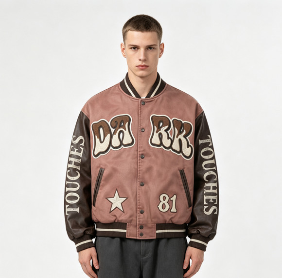 Washed Towel Embroidery Applique Screen Print Patchwork Varsity Jacket | PU Sleeve Distressed Letter Star Rib Trim | OEM Streetwear