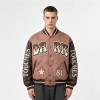 Washed Towel Embroidery Applique Screen Print Patchwork Varsity Jacket | PU Sleeve Distressed Letter Star Rib Trim | OEM Streetwear