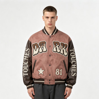 Washed Towel Embroidery Applique Screen Print Patchwork Varsity Jacket | PU Sleeve Distressed Letter Star Rib Trim | OEM Streetwear