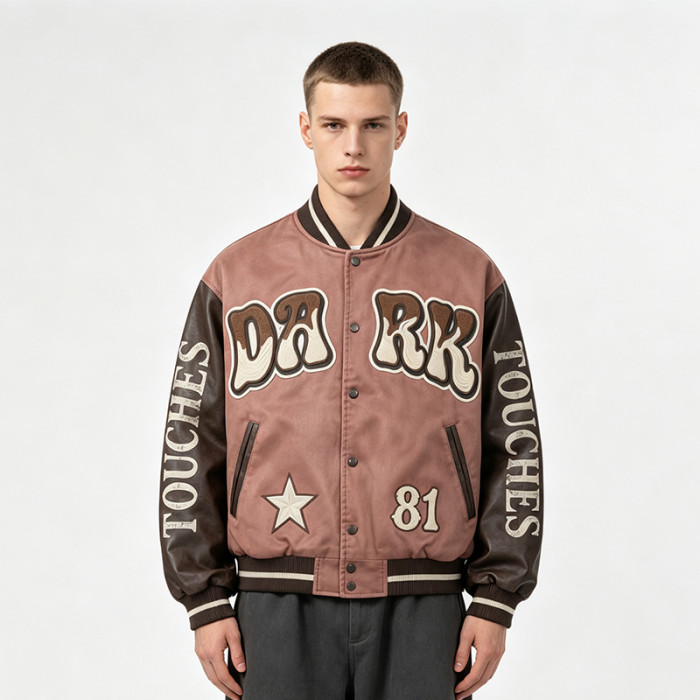 Washed Towel Embroidery Applique Screen Print Patchwork Varsity Jacket | PU Sleeve Distressed Letter Star Rib Trim | OEM Streetwear
