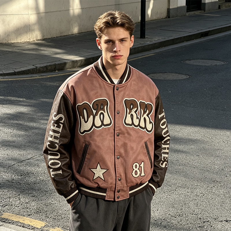 Washed Towel Embroidery Applique Screen Print Patchwork Varsity Jacket