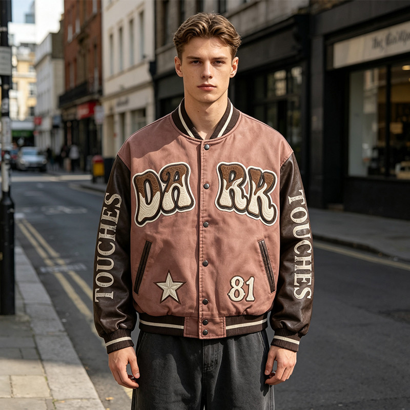 Washed Towel Embroidery Applique Screen Print Patchwork Varsity Jacket