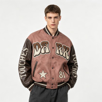 Washed Towel Embroidery Applique Screen Print Patchwork Varsity Jacket | PU Sleeve Distressed Letter Star Rib Trim | OEM Streetwear