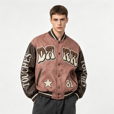 Washed Towel Embroidery Applique Screen Print Patchwork Varsity Jacket | PU Sleeve Distressed Letter Star Rib Trim | OEM Streetwear