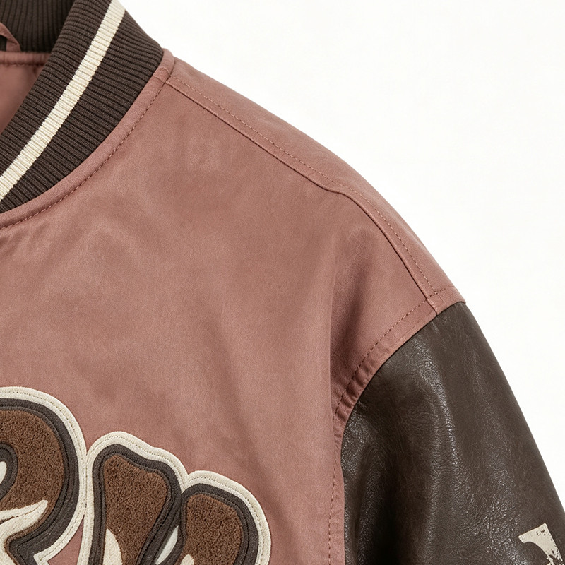Washed Towel Embroidery Applique Screen Print Patchwork Varsity Jacket