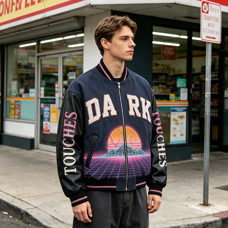 DTG Screen Print Washed towel embroidery Applique Patchwork Varsity Jacket