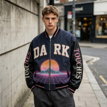 DTG Screen Print Washed towel embroidery Applique Patchwork Varsity Jacket | Tech Vintage Street Outerwear | Custom Streetwear