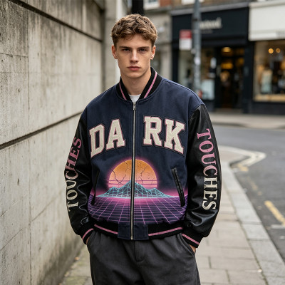 DTG Screen Print Washed towel embroidery Applique Patchwork Varsity Jacket | Tech Vintage Street Outerwear | Custom Streetwear