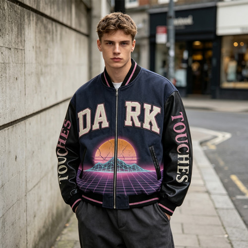 DTG Screen Print Washed towel embroidery Applique Patchwork Varsity Jacket | Tech Vintage Street Outerwear | Custom Streetwear
