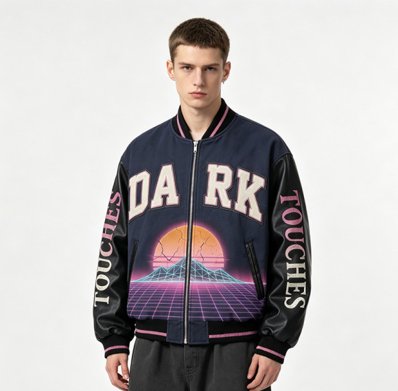 DTG Screen Print Washed towel embroidery Applique Patchwork Varsity Jacket | Tech Vintage Street Outerwear | Custom Streetwear